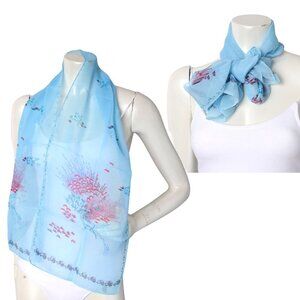 Vintage Sheer Asian Japanese Floral Scarf Blue Pink